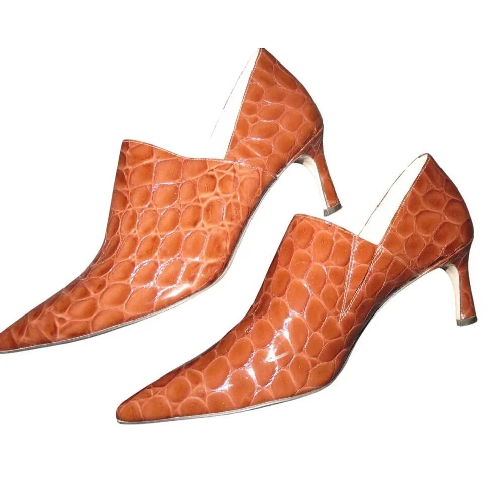 27 EDIT Gorgeous Amber Patent Croc Embossed leather booties 9.5